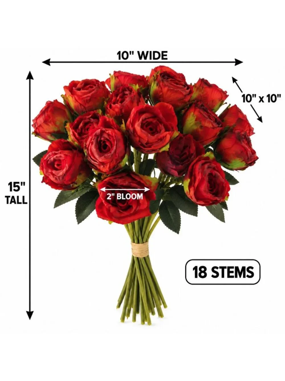 Burnt Edge Artificial Roses, 18 Stem Red Rose Bouquet, 15 Inch Faux Flowers, Wed